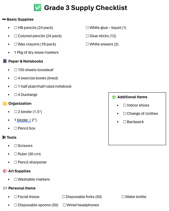 Grade 3 Supplies